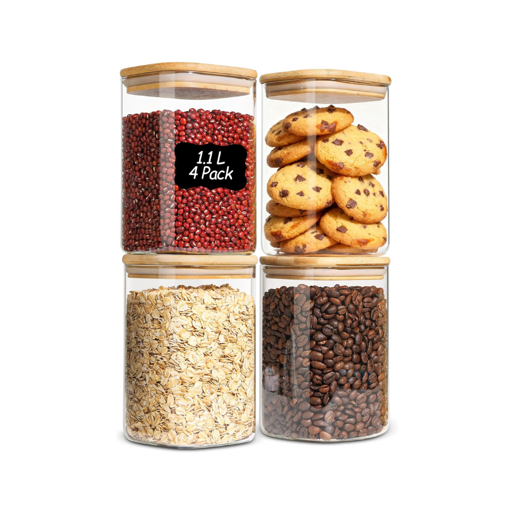 Four glass containers with wooden lids