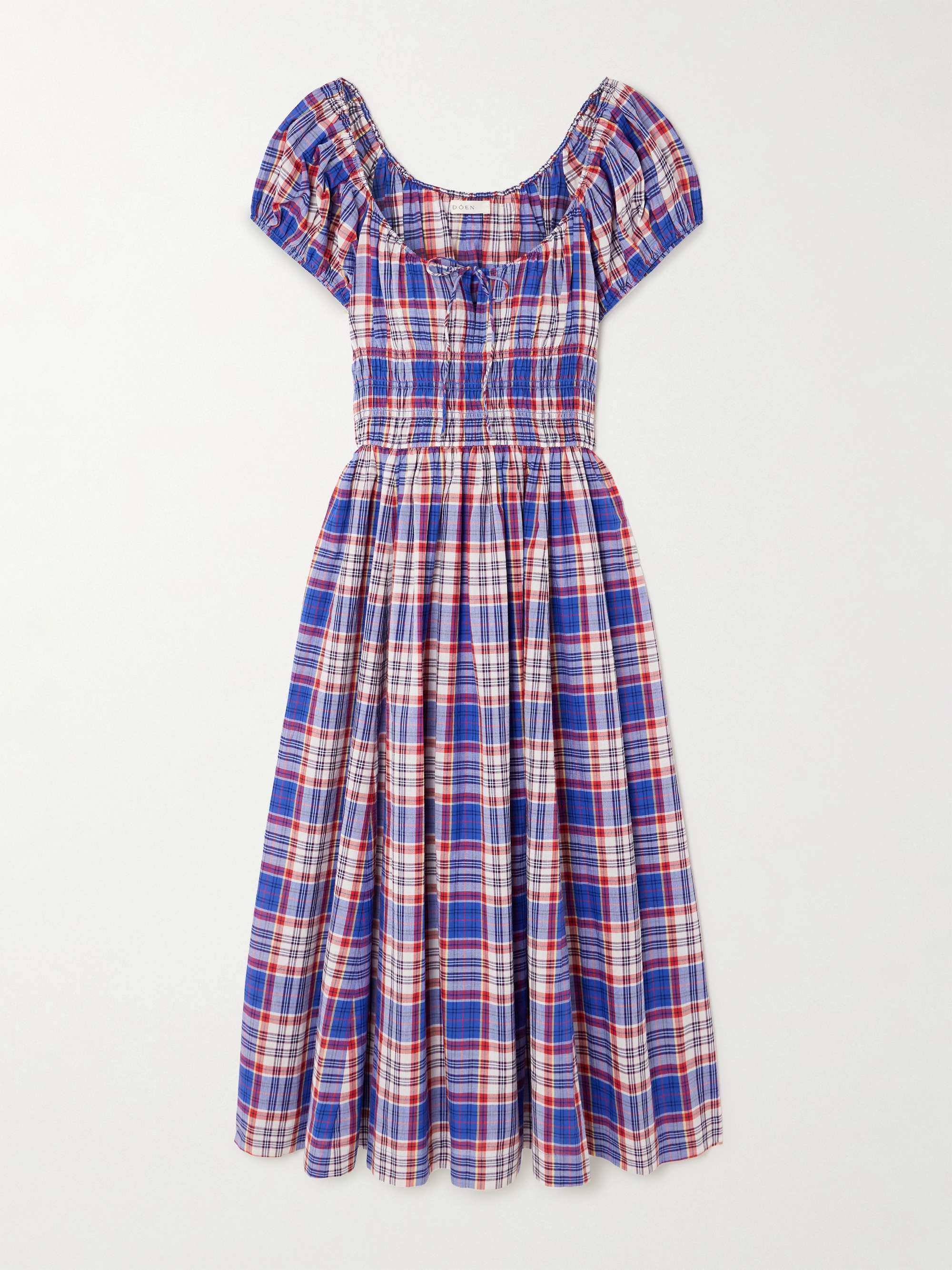 Quinn Checked Tie-Detailed Shirred Cotton-Poplin Midi Dress