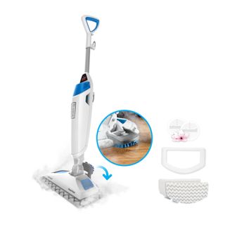 Bissell PowerFresh Steam Mop with close-up of parts on white background