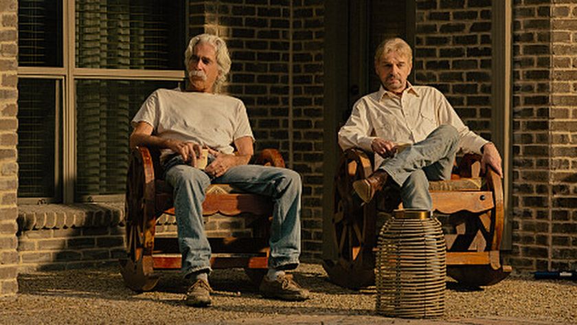 T.L. (Sam Elliott) and Tommy (Billy Bob Thornton) sitting side by side in Landman season 2