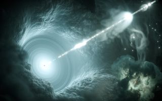 An artist's illustration shows the supermassive black hole at the center of a blazar galaxy emitting its stream of energetic particles toward Earth.