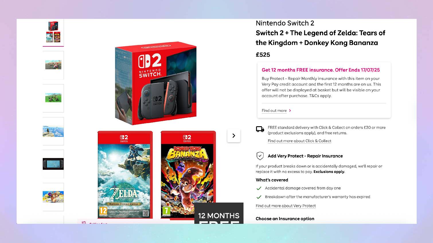 Screenshot of Nintendo Switch 2 listing at Very on colored background