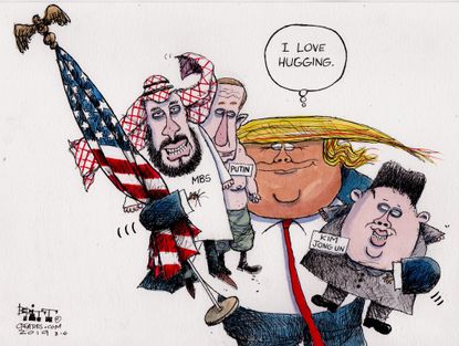 Political Cartoon U.S. Trump dictator hugs CPAC flag