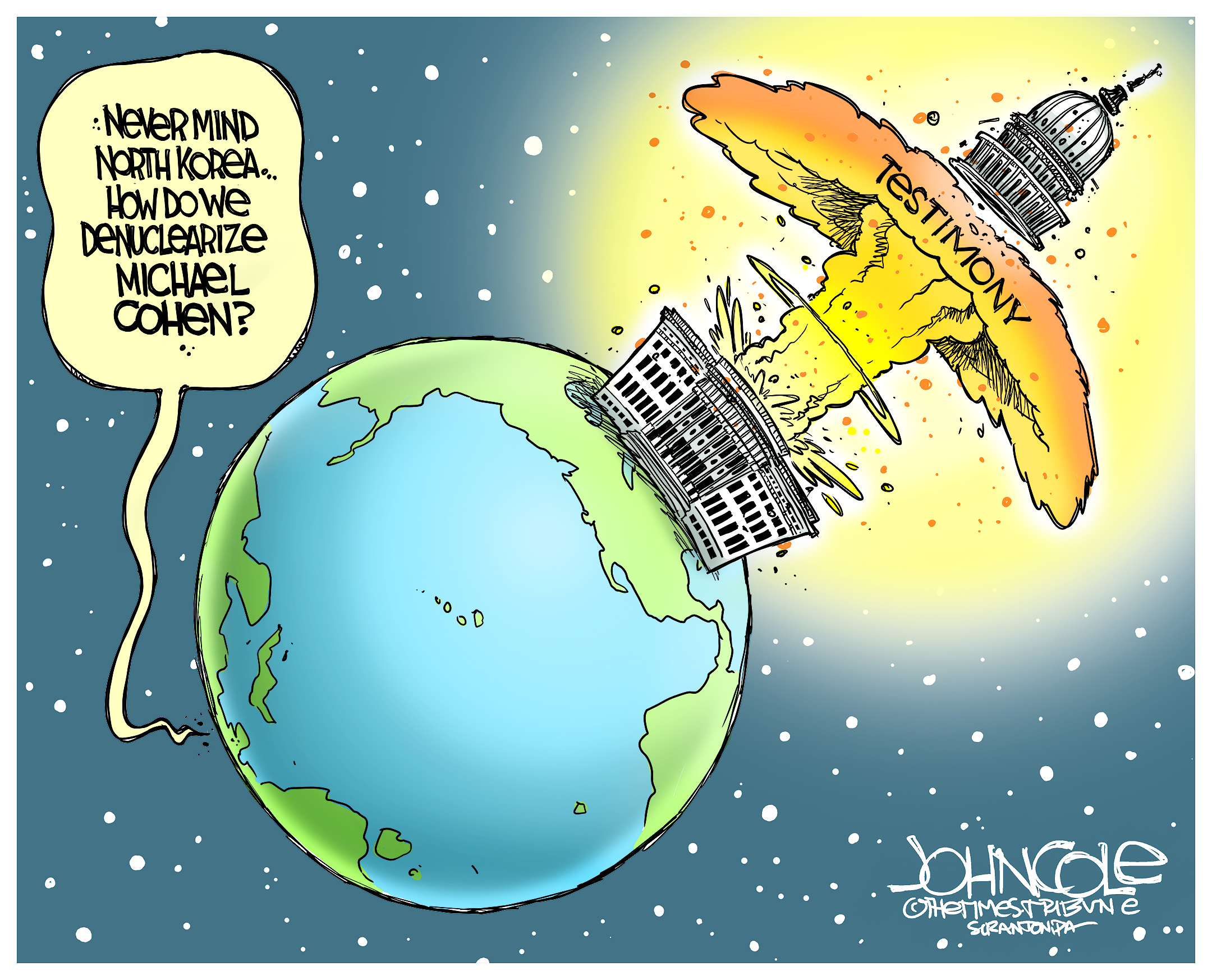 Political cartoon U.S. Trump Michael Cohen testimony North Korea summit