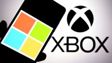 The Microsoft logo shown on a phone to the left, with the Xbox logo in black on a white background to the right.