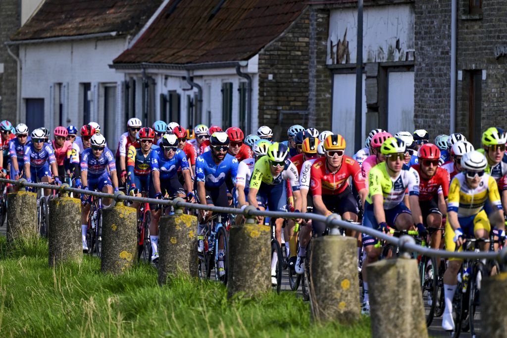 The pack of riders pictured in action during the 'Classic Brugge-De Panne' men's elite one-day cycling race, 198,9 km from Brugge to De Panne, Wednesday 20 March 2024. BELGA PHOTO LAURIE DIEFFEMBACQ (Photo by LAURIE DIEFFEMBACQ / BELGA MAG / Belga via AFP)