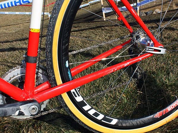 The steel chain stays gracefully taper in size as they approach the dropouts.