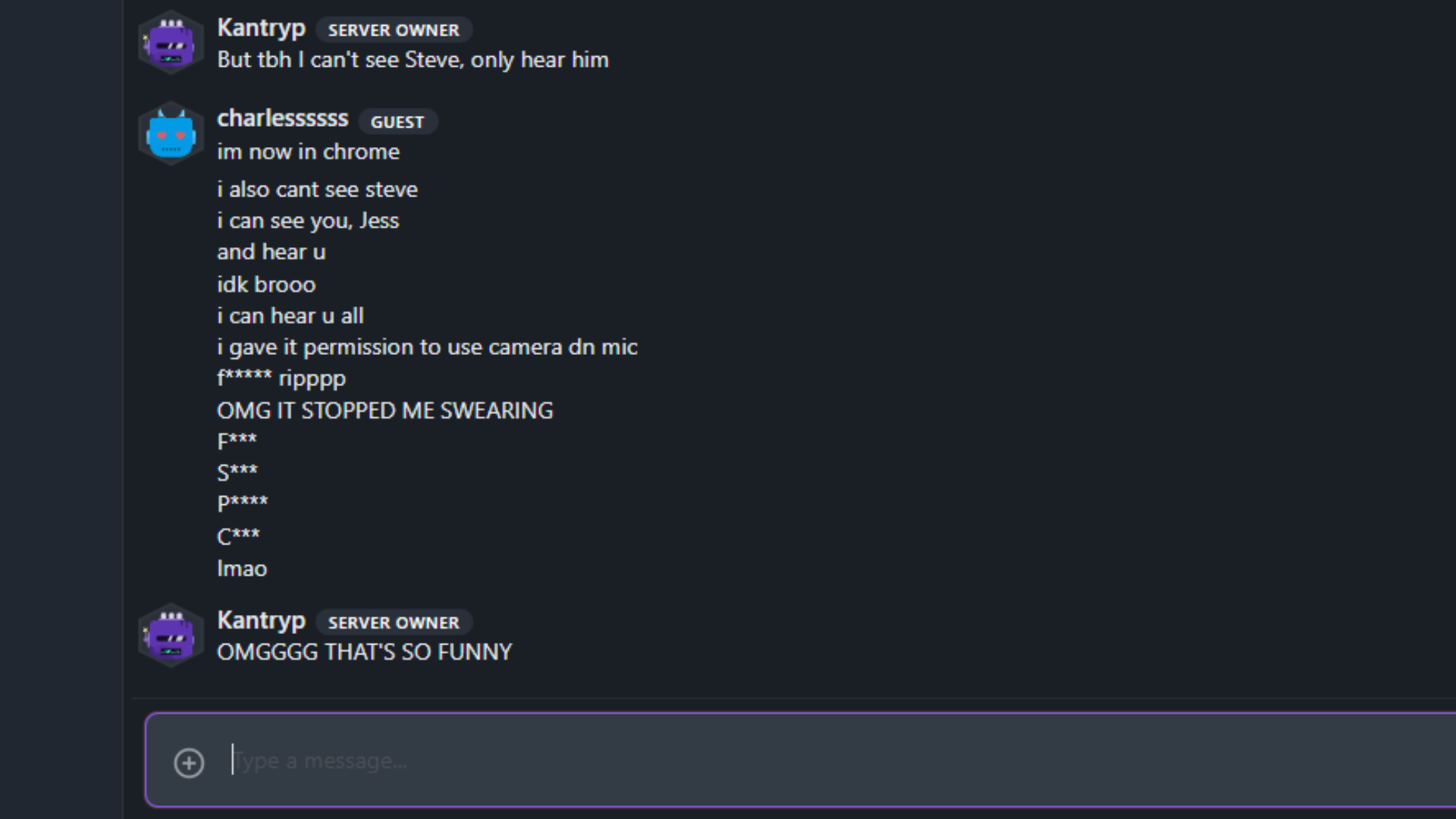 A screenshot of a text conversation in GameVox. Swear words are asterisked out due to the app's own content filter.