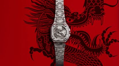The Bell & Ross BR 05 Year of the Dragon on a red background