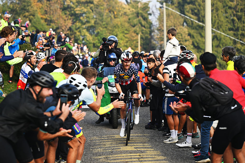 BERGAMO, ITALY - OCTOBER 11: Quinn Simmons of United States and Team Lidl - Trek competes during the 119th Il Lombardia 2025 a 241km one day race from Como to Bergamo on October 11, 2025 in Bergamo, Italy. (Photo by Dario Belingheri/Getty Images)