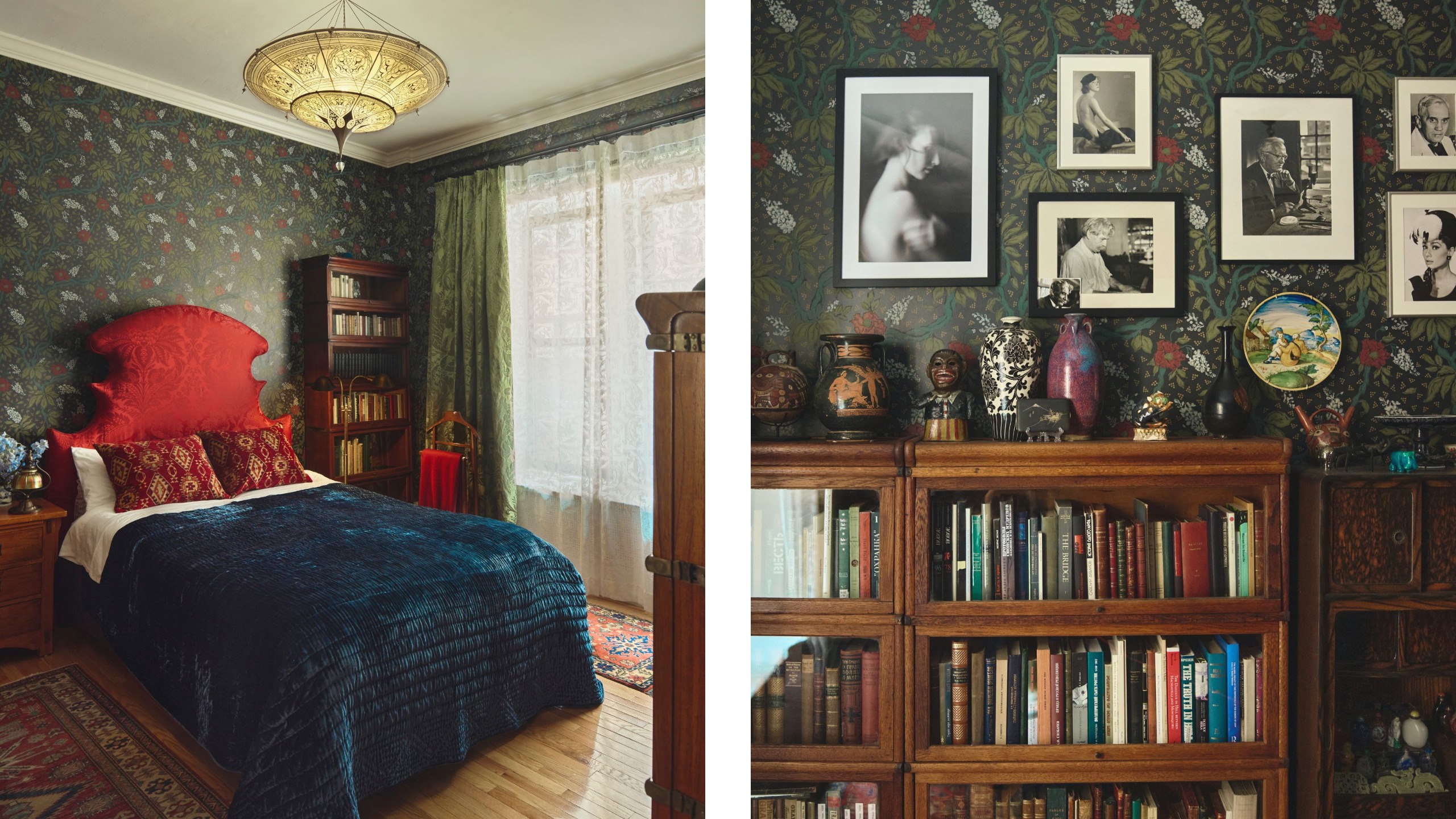 Side-by-side view of a bedroom with dark floral wallpaper, a red headboard, and blue bedspread, alongside a close-up of wooden bookcases topped with framed photos.