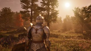 Oblivion - a player in plate armor walks in a forest at sunset