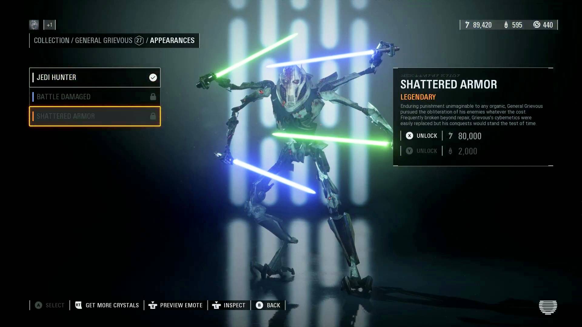 Star Wars Battlefront 2 80,000 credits for shattered armor general grievous skin