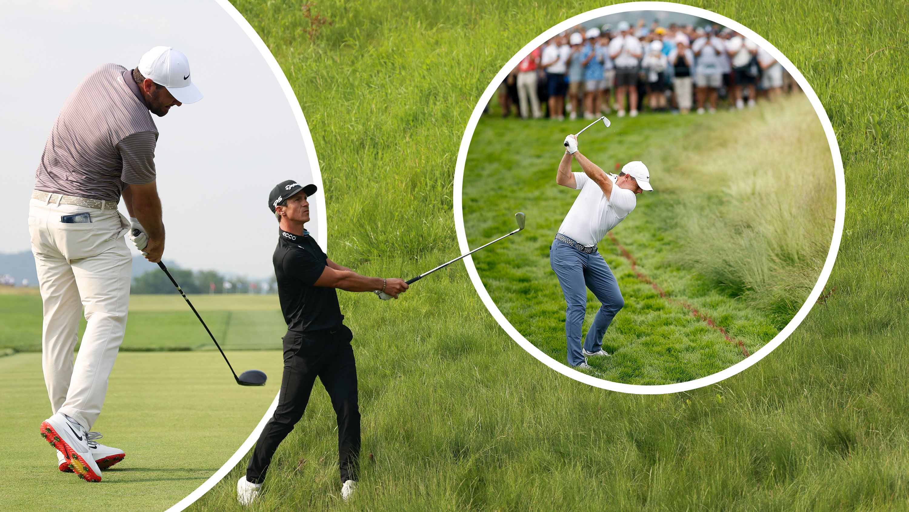 Thorbjorn Olesen and Rory McIlroy playing shots out of the rough after missing the fairway, with an inset image of Scottie Scheffler hitting a driver off the tee at a PGA Tour event