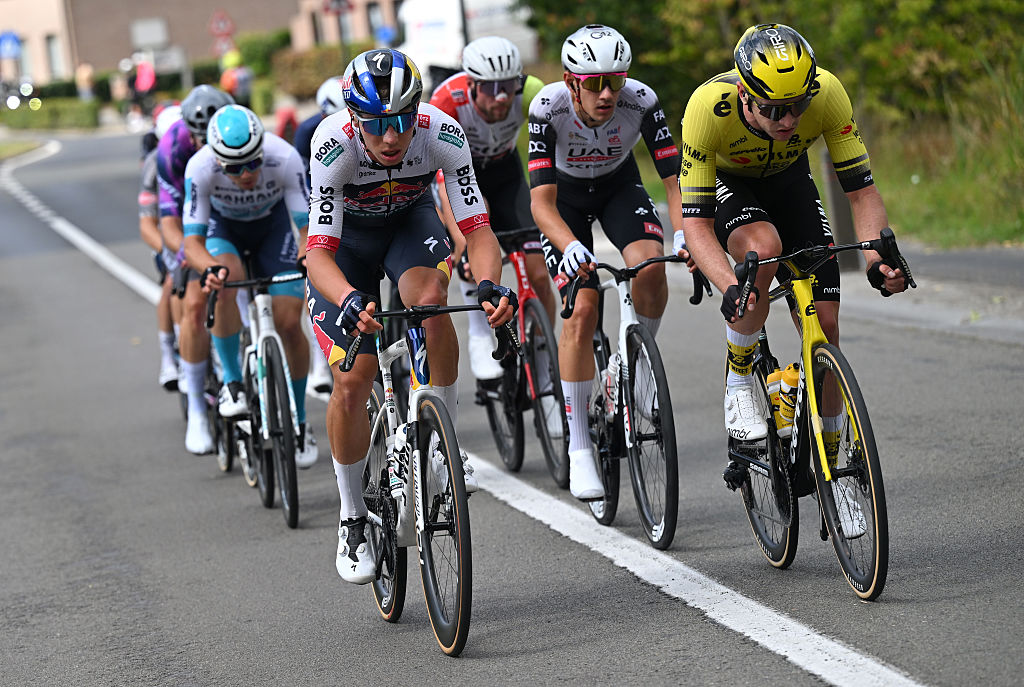 GERAARDSBERGEN, BELGIUM - AUGUST 22: (L-R) Filip Maciejuk of Czech Republic and Team Red Bull - BORA - hansgrohe and Edoardo Affini of Italy and Team Visma | Lease a Bike compete in the breakaway during the 20th Renewi Tour 2025, Stage 3 a 181.8km stage from Aalter to Geraardsbergen / #UCIWT / on August 22, 2025 in Geraardsbergen, Belgium. (Photo by Luc Claessen/Getty Images)