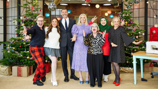 Judges Patrick Grant and Esme Young along with host Sara Pascoe and the four celebrities Ian "H" Watkins, Kellie bright, Fatiha El-Ghorri, and Charlotte Crosby for the Christmas Special of The Great British Sewing Bee