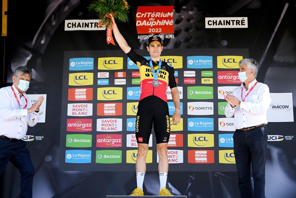 CHAINTRE FRANCE JUNE 09 Wout Van Aert of Belgium and Team Jumbo Visma celebrates winning the stage on the podium ceremony after the 74th Criterium du Dauphine 2022 Stage 5 a 1623km stage from ThizylesBourgs to Chaintr WorldTour Dauphin on June 09 2022 in Chaintre France Photo by Dario BelingheriGetty Images