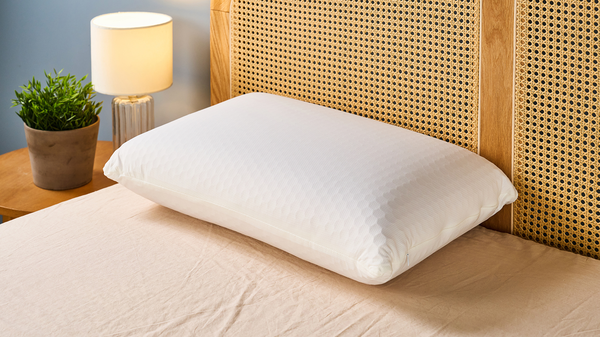 The Purple Harmony Pillow sitting at the head of a mattress on a bed frame, to the left a bedside table with a plant pot and lamp