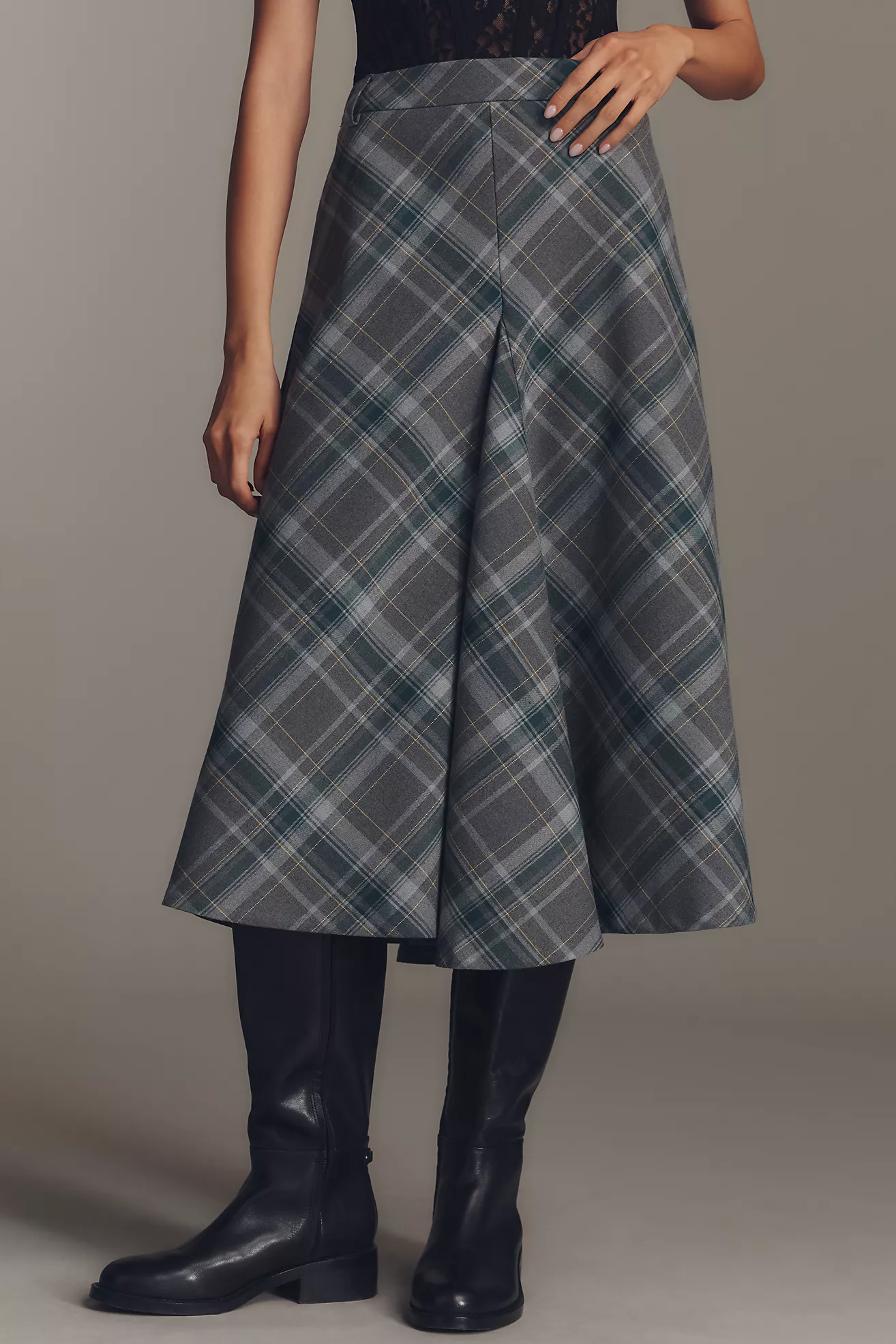 English Factory Plaid A-Line Midi Skirt