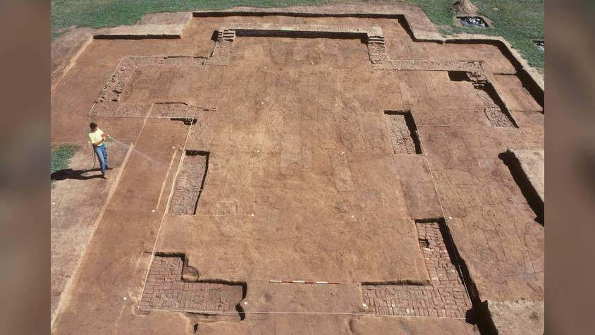 aerial photo of an archaeological excavation of a brick foundation of a church
