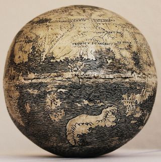 Asia on the ostrich egg globe, showing the large peninsula jutting southward at the right which is evidence of the influence of Henricus Martellus, a German cartographer who worked in Florence.