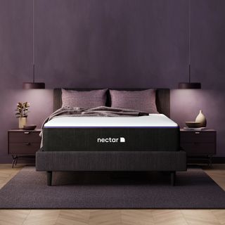 Dark purple bedroom with double bed on a purple rug and pendant lights either side of the bed