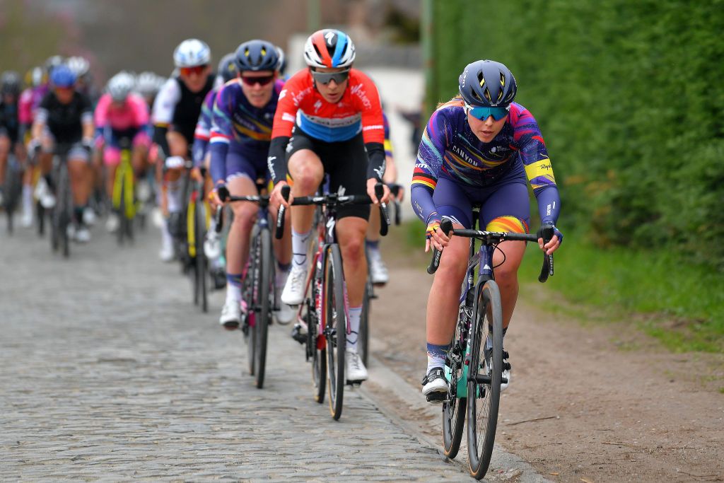 OUDENAARDE BELGIUM APRIL 04 Lisa Klein of Germany and Team Canyon SRAM Racing during the 18th Ronde van Vlaanderen Tour of Flanders 2021 Womens Elite a 1524km race frim Oudenaarde to Oudenaarde Cobblestones RVV21 rondevanvlaanderen tourofflanders UCIWWT on April 04 2021 in Oudenaarde Belgium Photo by Luc ClaessenGetty Images