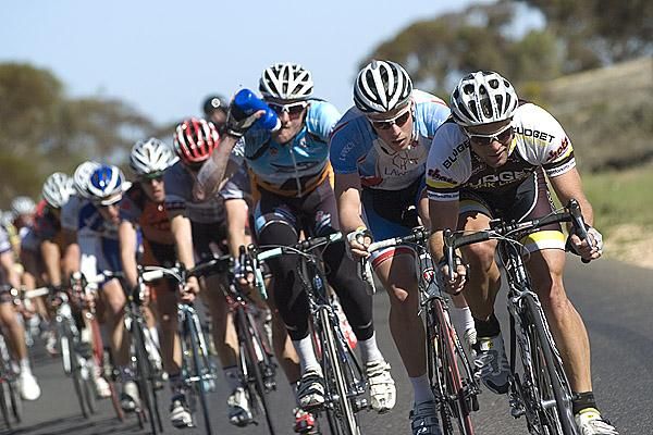 Malcolm Rudolph (Budget Forklifts) takes control at the front of the peloton approaching the final twenty kilometres.