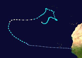 Nadine's long and winding path. Bright blue circles represent areas where it was a tropical storm. White circles: Category 1 hurricane. Blue squares and triangles show where it briefly dropped below tropical storm strength.