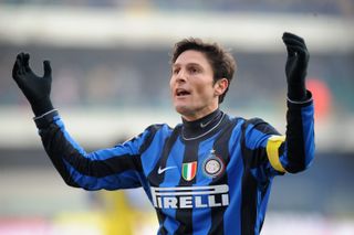 Javier Zanetti celebrates victory for Inter against Chievo Verona in January 2010.