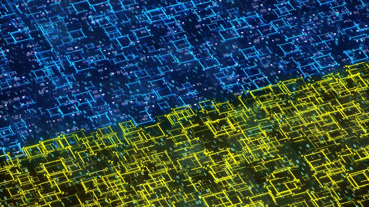 The Ukrainian flag generated digitally in the form of data