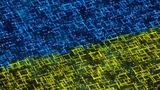 The Ukrainian flag generated digitally in the form of data