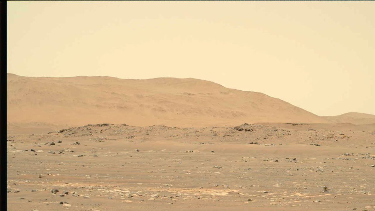 NASA&#039;s Mars helicopter Ingenuity (lower right, photographed by the Perseverance rover) didn&#039;t get off the ground as planned on April 29, 2021. 