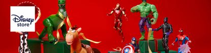 Disney store logo placed over a collection of disey action figures in front of a red background 