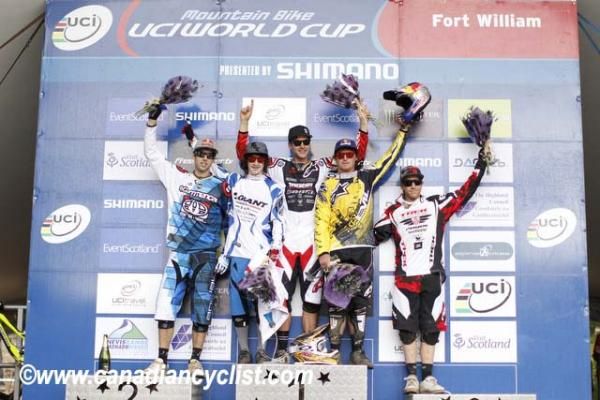 Men's downhill Fort William World Cup podium (L to R) Gee Atherton, Danny Hart, Greg Minnaar, Brook Macdonald, Aaron Gwin