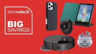 An iRobot vacuum, an Otterbox phone case, a Garmin smartwatch, Beats earbuds, and an Amazon Kindle all on a red TechRadar Big Savings banner