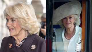 Queen Camilla wearing a four-leaf clover brooch on two occasions