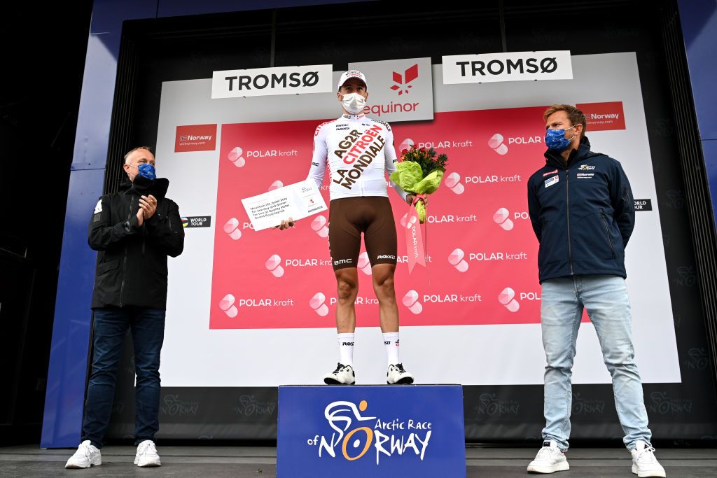 TROMSO NORWAY AUGUST 05 Alexis Gougeard of France and AG2R Citren Team Most Combative Rider celebrates at podium during the 8th Arctic Race Of Norway 2021 Stage 1 a 1425km stage from Troms to Troms ArcticRace on August 05 2021 in Tromso Norway Photo by Stuart FranklinGetty Images