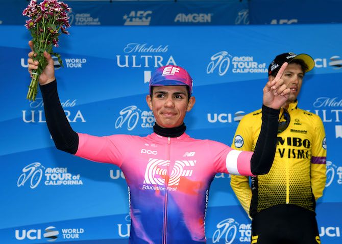 Sergio Higuita (EF Education First) enjoys the applause after taking second place on stage 6 of the 2019 Tour of California to Mount Baldy