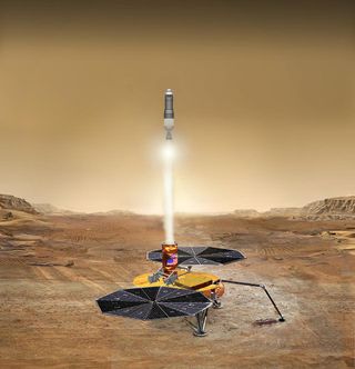 An artist's illustration of a rocket taking off from the surface of Mars with precious samples of Martian soil to return to Earth.