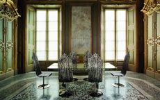 Milan Design Week Edra Phantom glass table and Milano crystal chair in baroque room