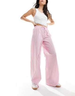 Asos Design Wide Leg Cotton Poplin Trouser in Pink Stripe