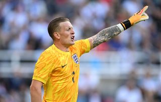 England Euro 2024 squad England goalkeeper Jordan Pickford reacts during the international friendly match between England and Bosnia & Herzegovina at St James' Park on June 03, 2024 in Newcastle upon Tyne, England. (Photo by Stu Forster/Getty Images)