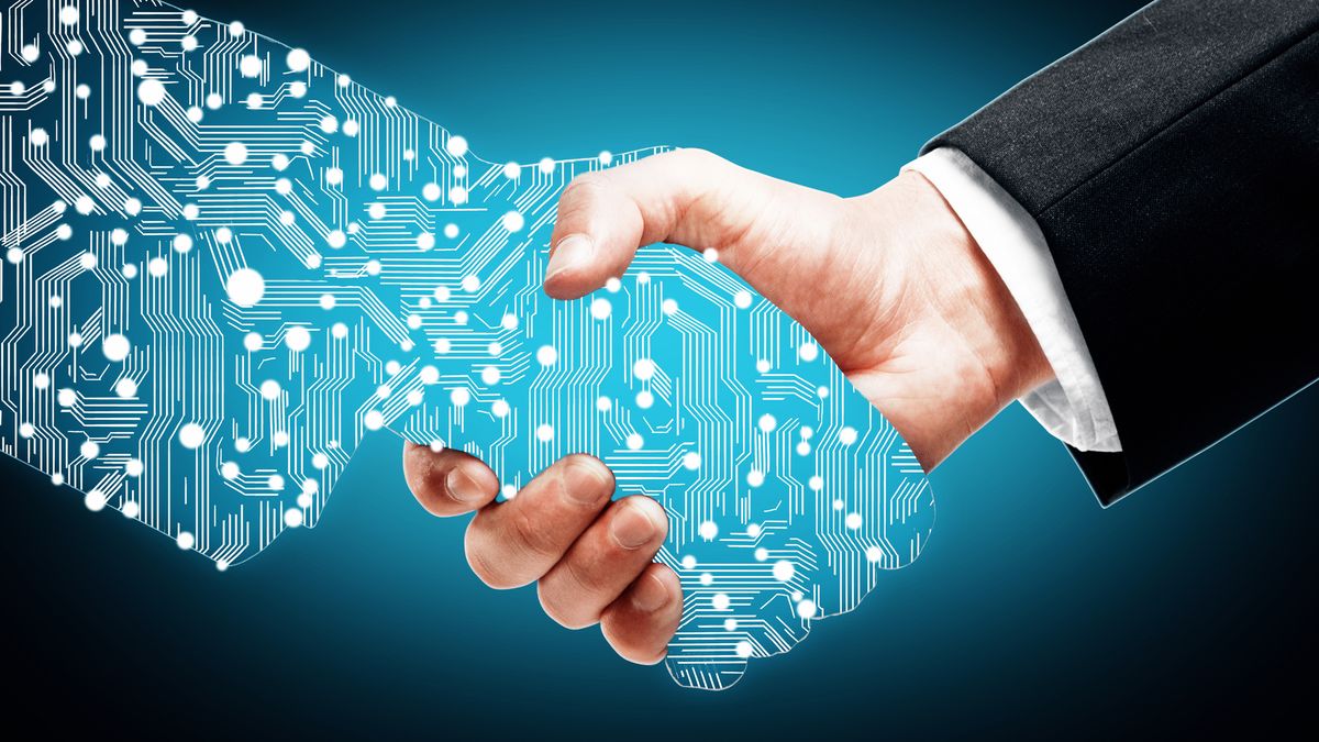 A close-up shot of a hand made of digital connections shaking the hand of someone in a suit