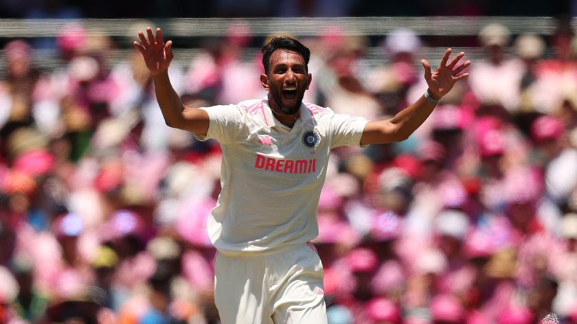 Prasidh Krishna of India celebrates during an India vs Australia test match of cricket