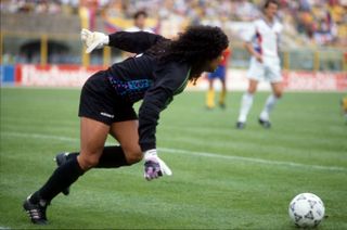Rene Higuita in action for Colombia against Yugoslavia at the 1990 World Cup.