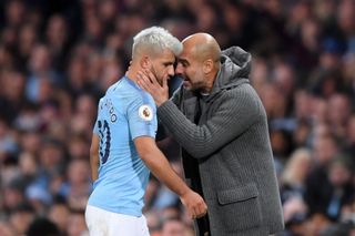 MANCHESTER, ENGLAND - NOVEMBER 11: Sergio Aguero of Manchester City is embraced by Josep Guardiola, Manager of Manchester City as he is substituted during the Premier League match between Manchester City and Manchester United at Etihad Stadium on November 11, 2018 in Manchester, United Kingdom. (Photo by Laurence Griffiths/Getty Images)