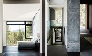 Exposed concrete, bluestone and white gypsum walls at Creek House, Truckee