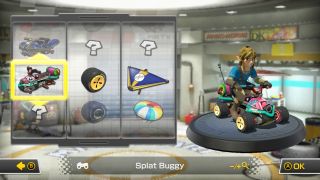 Mario Kart 8 Deluxe kart, wheel, and glider selection