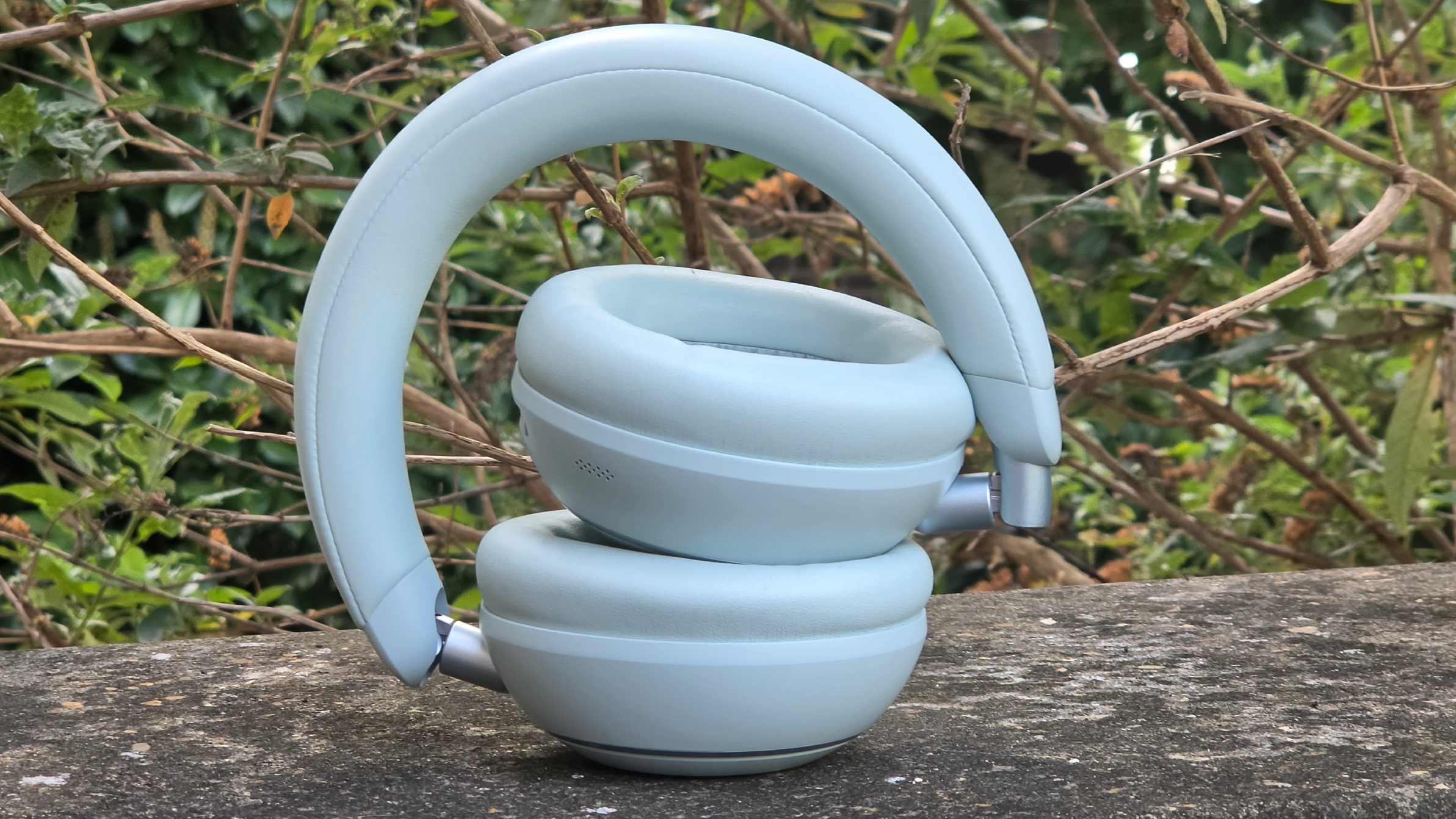 The Soundcore Space 2 in front of a green bush.